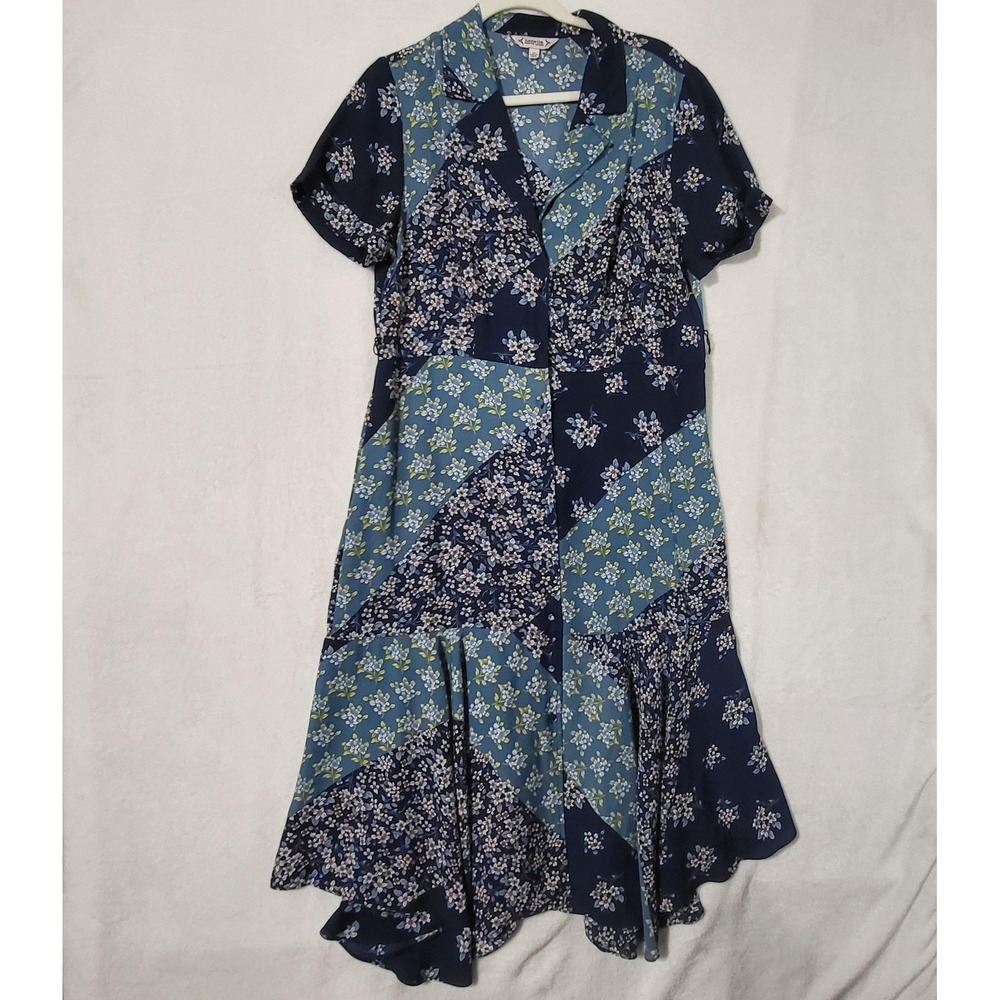 Nanette Lepore Dress Womens 14 Blue Floral Patchwork Fit Flare Midi Short Sleeve